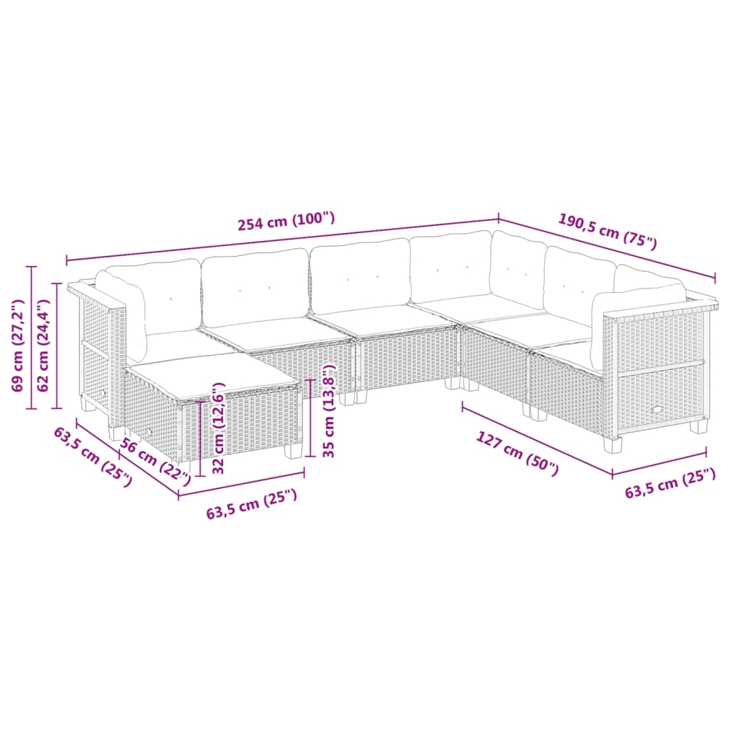 7 Piece Garden Sofa Set with Cushions Grey Poly Rattan