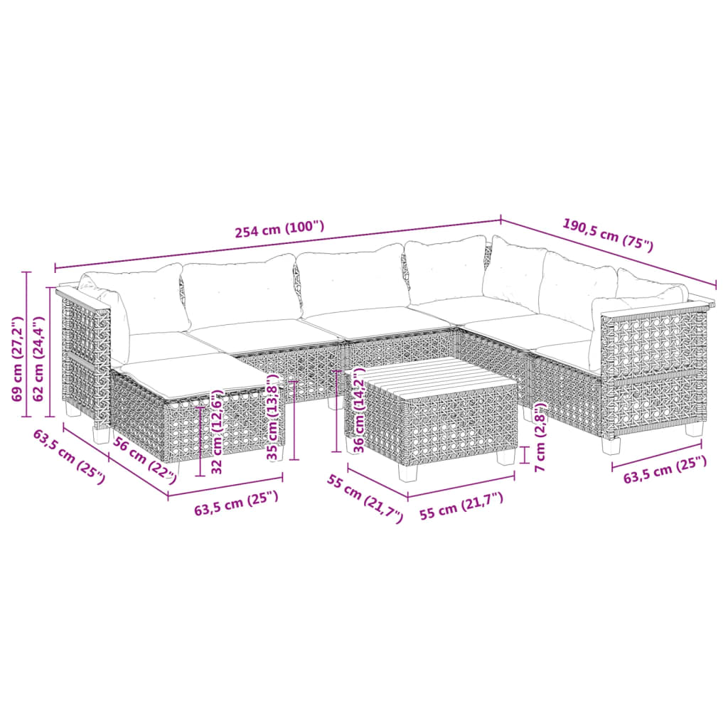 8 Piece Garden Sofa Set with Cushions Black Poly Rattan