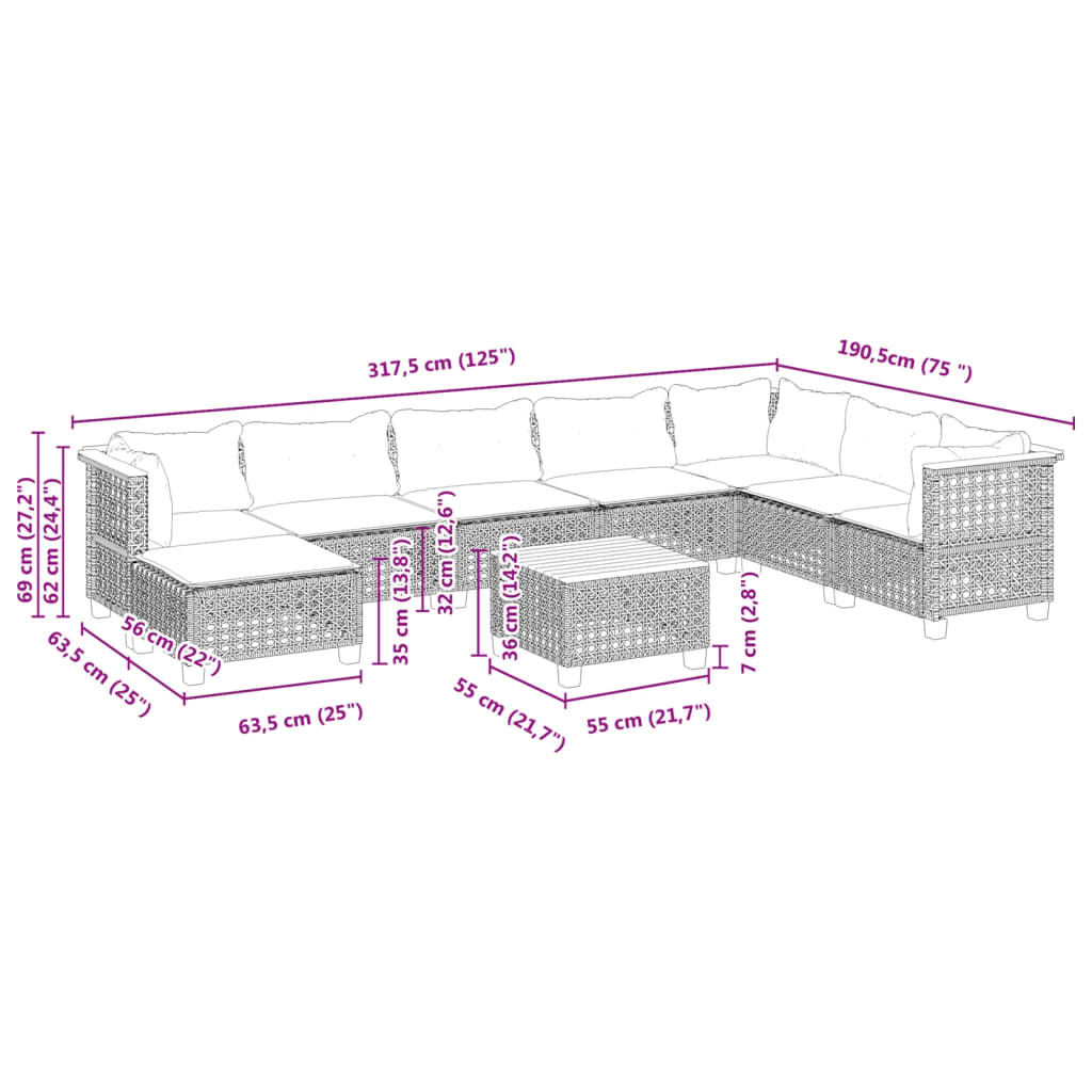 9 Piece Garden Sofa Set with Cushions Grey Poly Rattan
