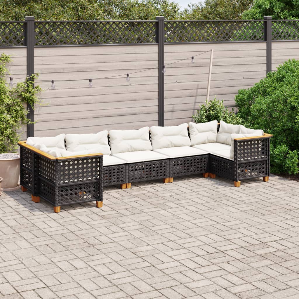 7 Piece Garden Sofa Set with Cushions Black Poly Rattan