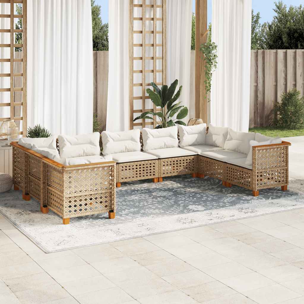 9 Piece Garden Sofa Set with Cushions Beige Poly Rattan