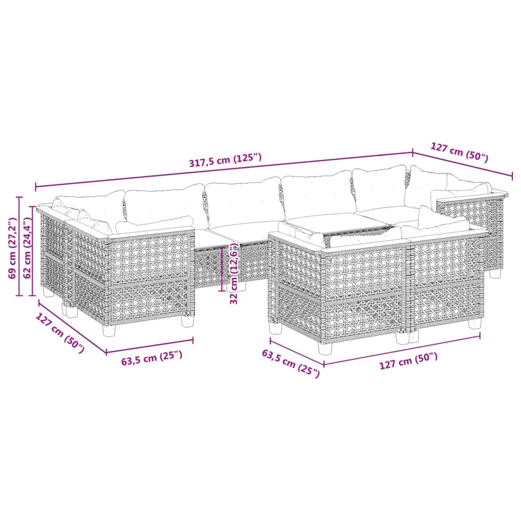 9 Piece Garden Sofa Set with Cushions Grey Poly Rattan