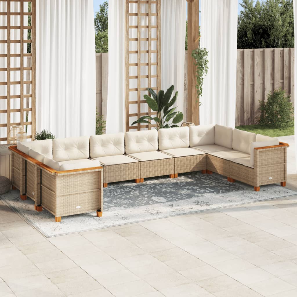 10 Piece Garden Sofa Set with Cushions Beige Poly Rattan