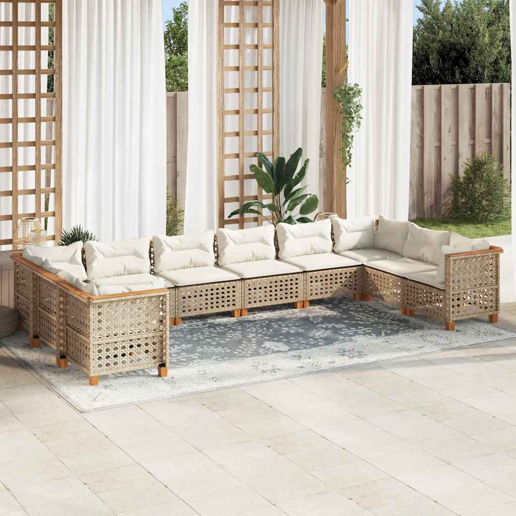 10 Piece Garden Sofa Set with Cushions Beige Poly Rattan