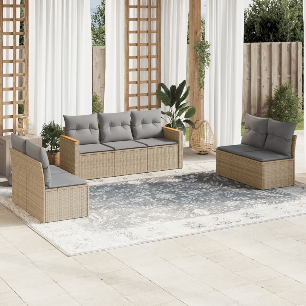 7 Piece Garden Sofa Set with Cushions Beige Poly Rattan