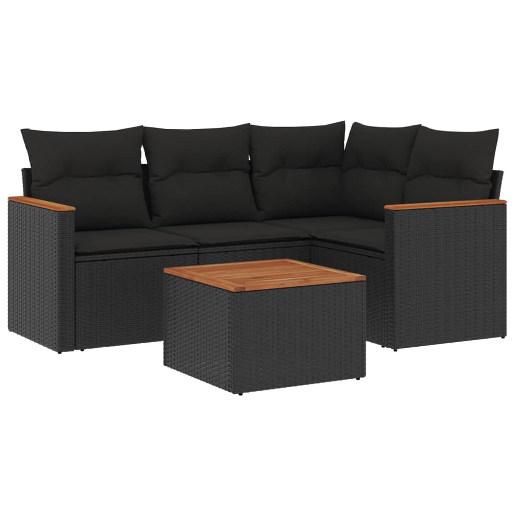 5 Piece Garden Sofa Set with Cushions Black Poly Rattan
