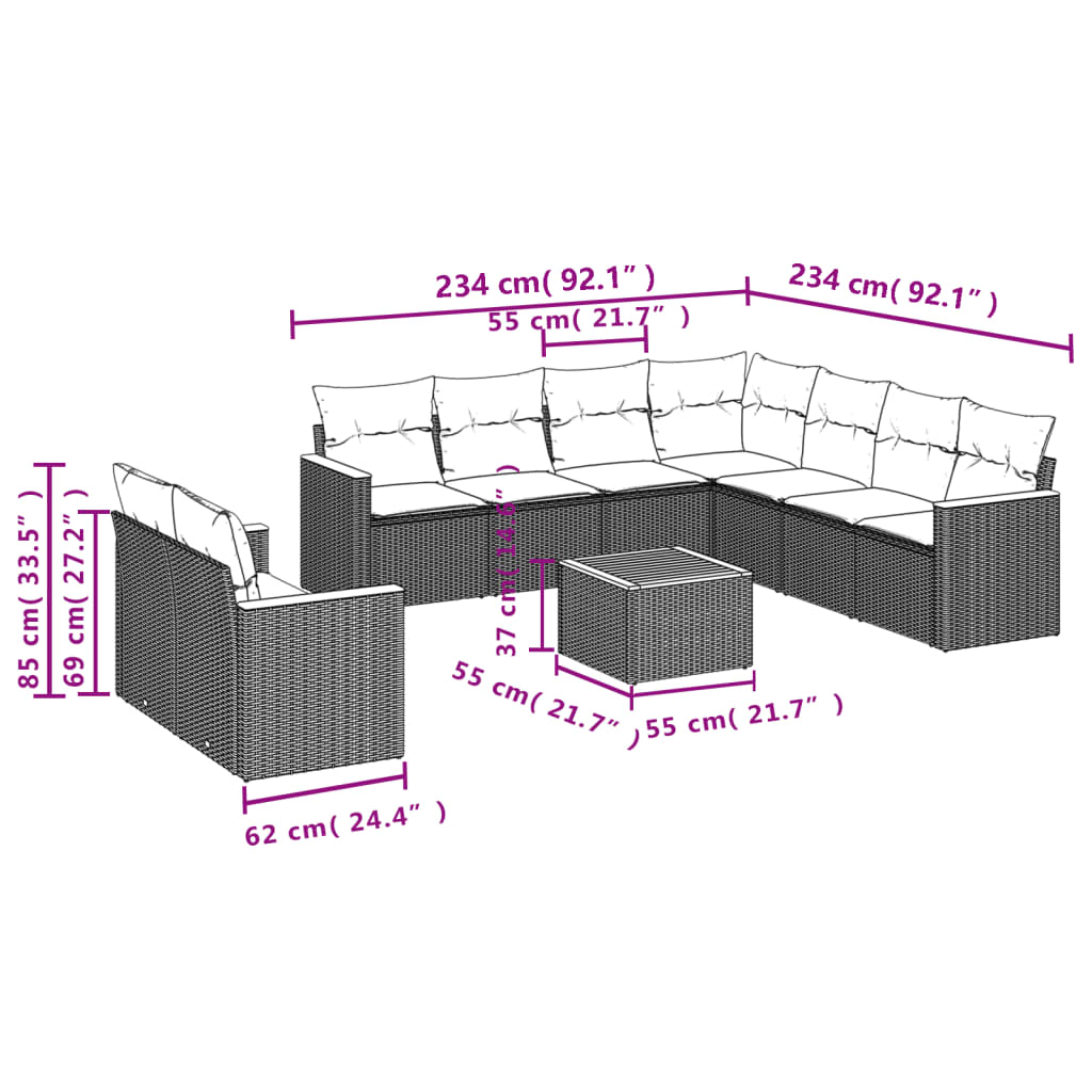 10 Piece Garden Sofa Set with Cushions Beige Poly Rattan