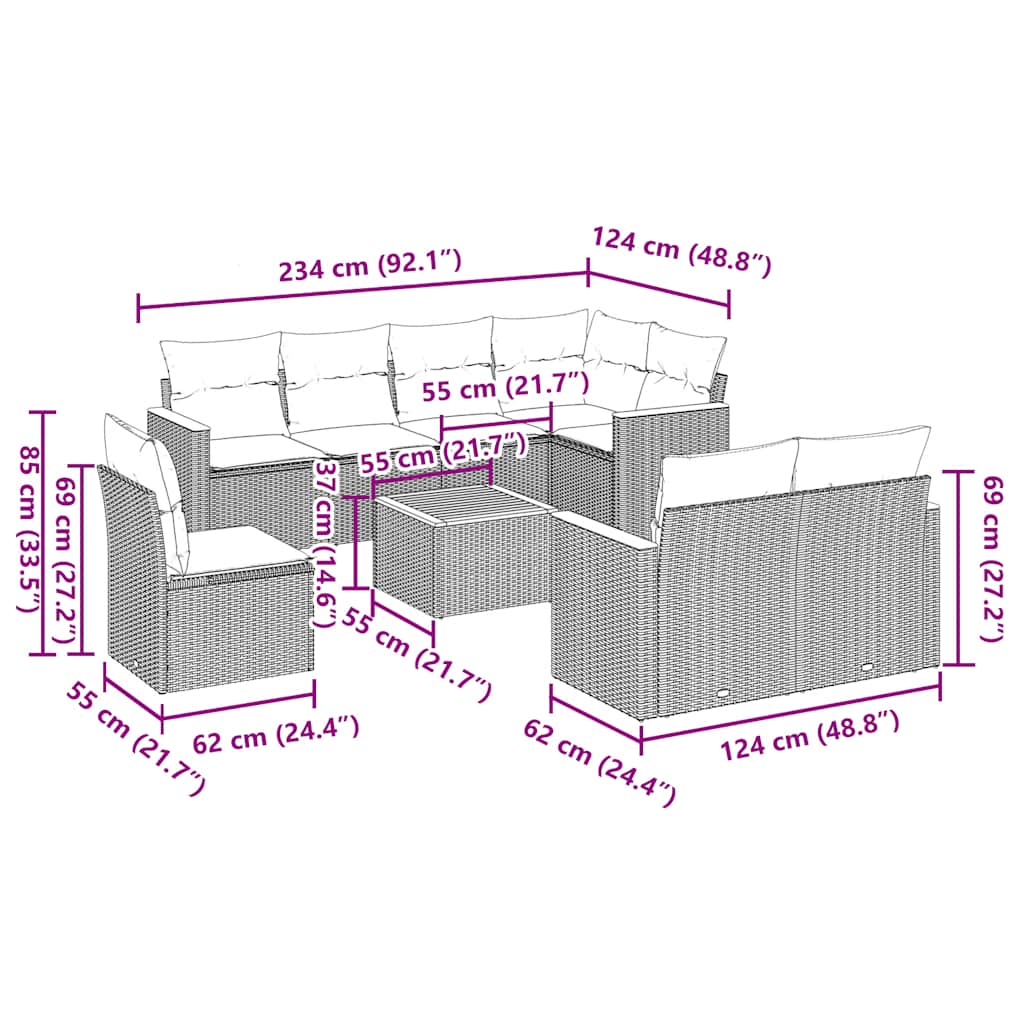 9 Piece Garden Sofa Set with Cushions Black Poly Rattan