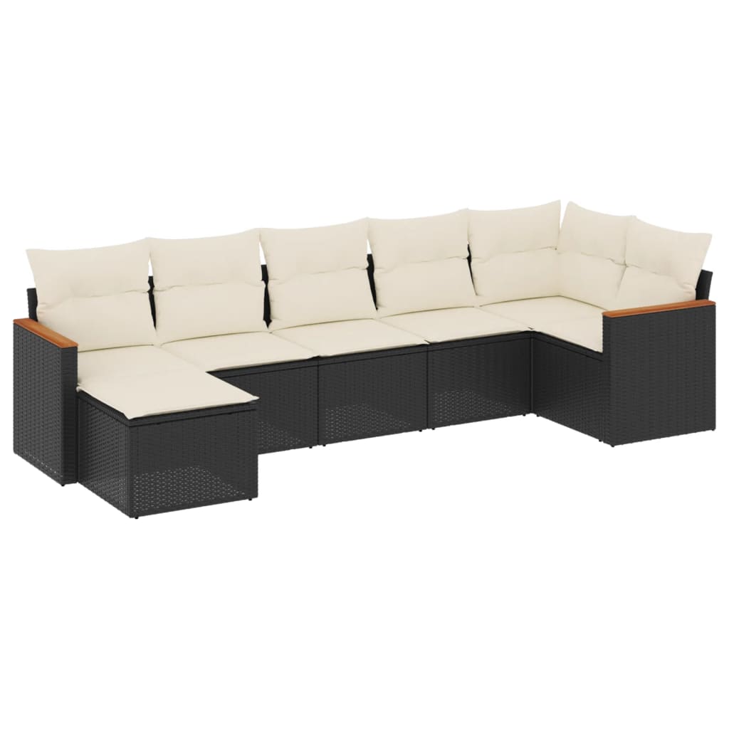 7 Piece Garden Sofa Set with Cushions Black Poly Rattan