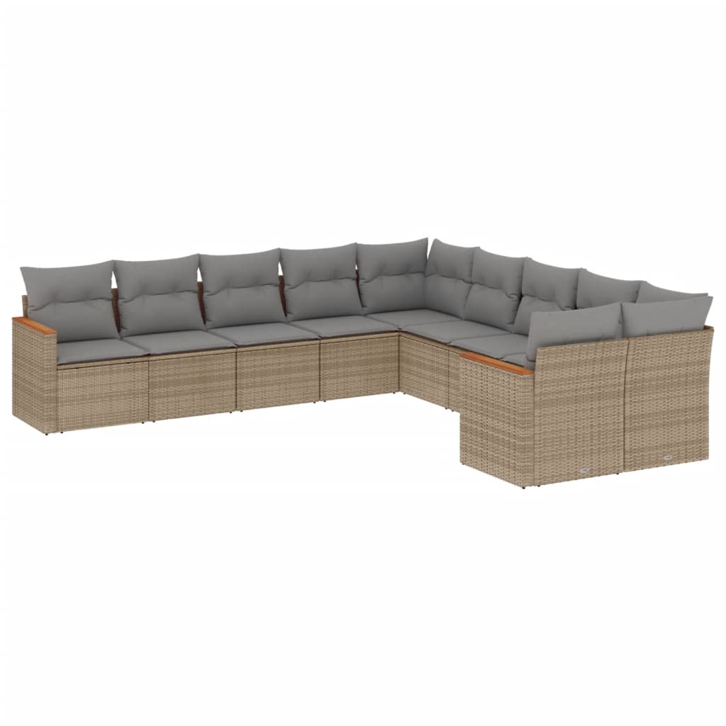 10 Piece Garden Sofa Set with Cushions Beige Poly Rattan