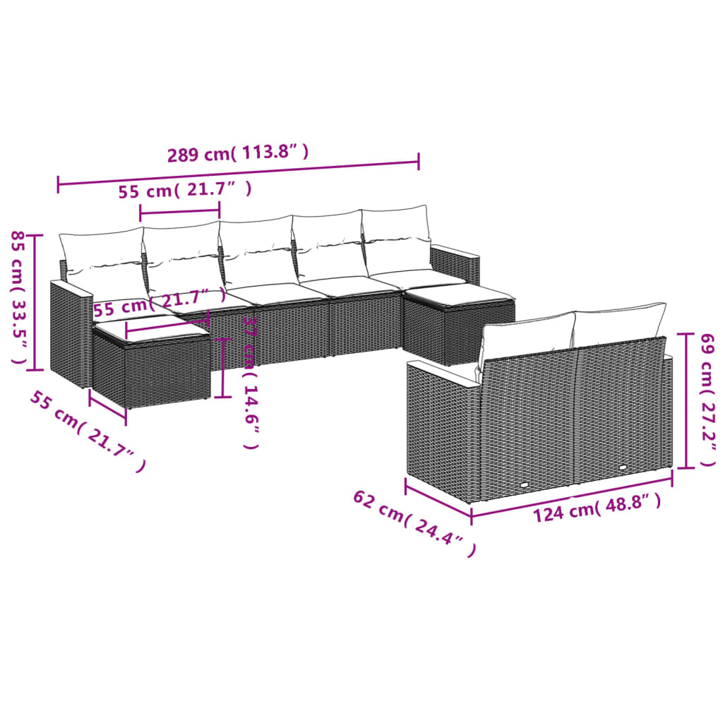 9 Piece Garden Sofa Set with Cushions Grey Poly Rattan
