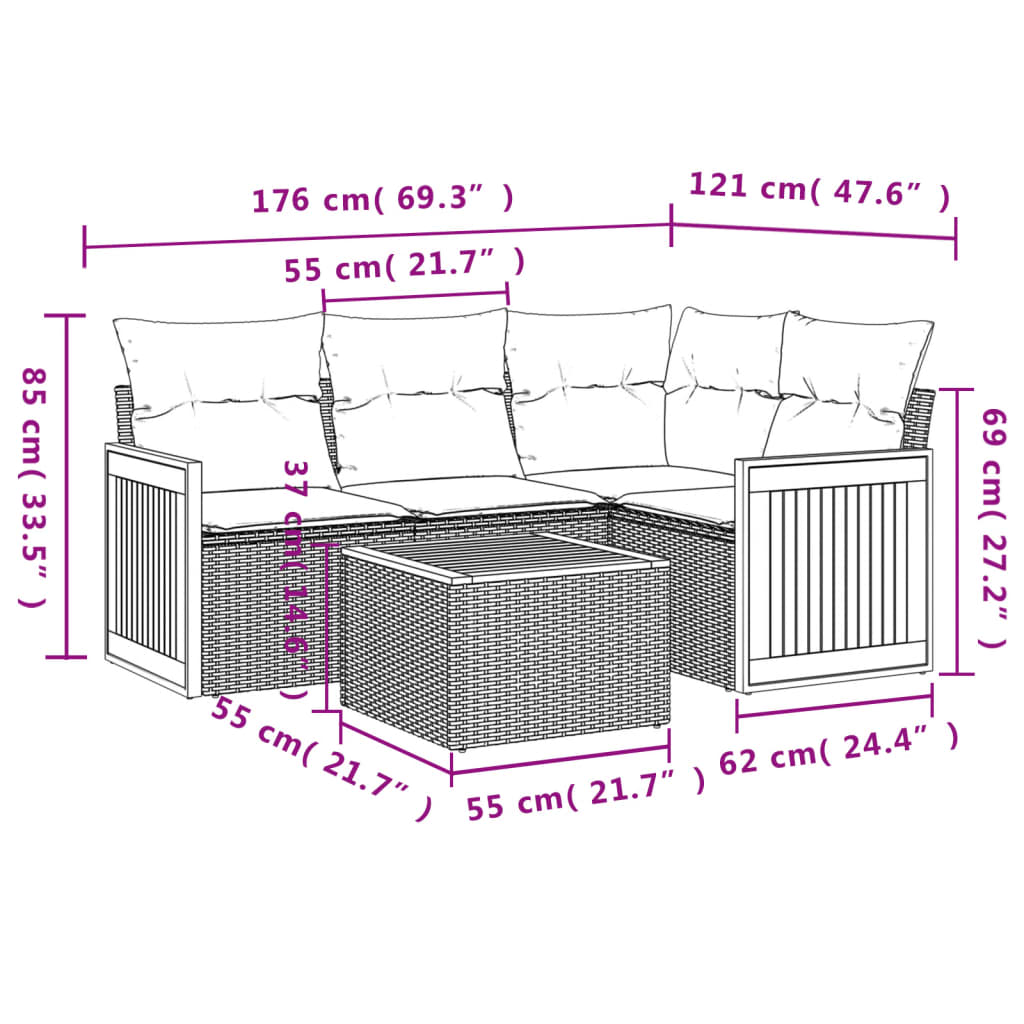 5 Piece Garden Sofa Set with Cushions Grey Poly Rattan
