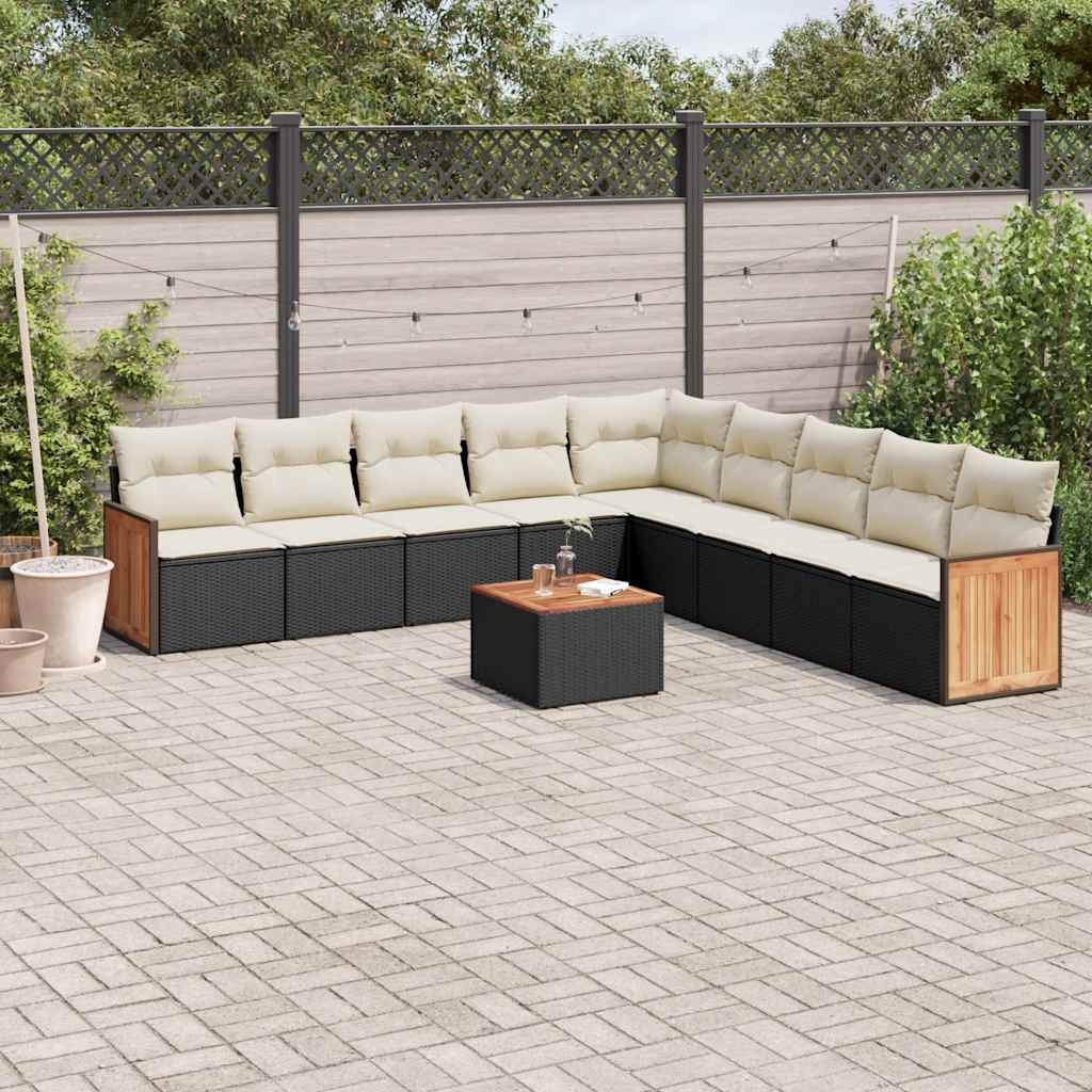 10 Piece Garden Sofa Set with Cushions Black Poly Rattan