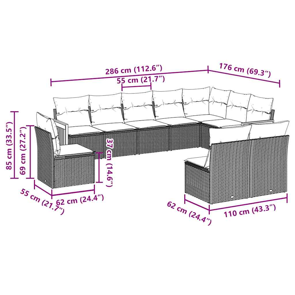 10 Piece Garden Sofa Set with Cushions Black Poly Rattan
