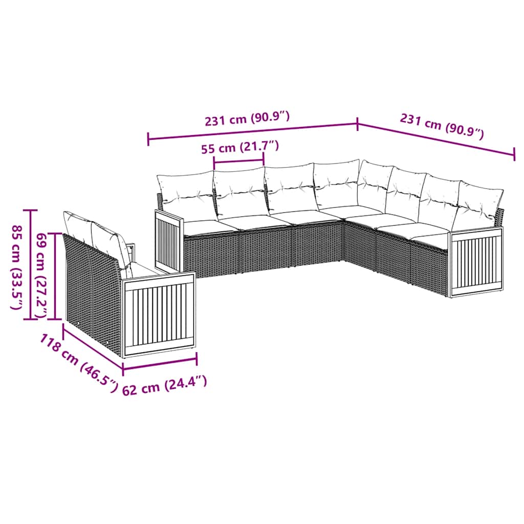 9 Piece Garden Sofa Set with Cushions Black Poly Rattan