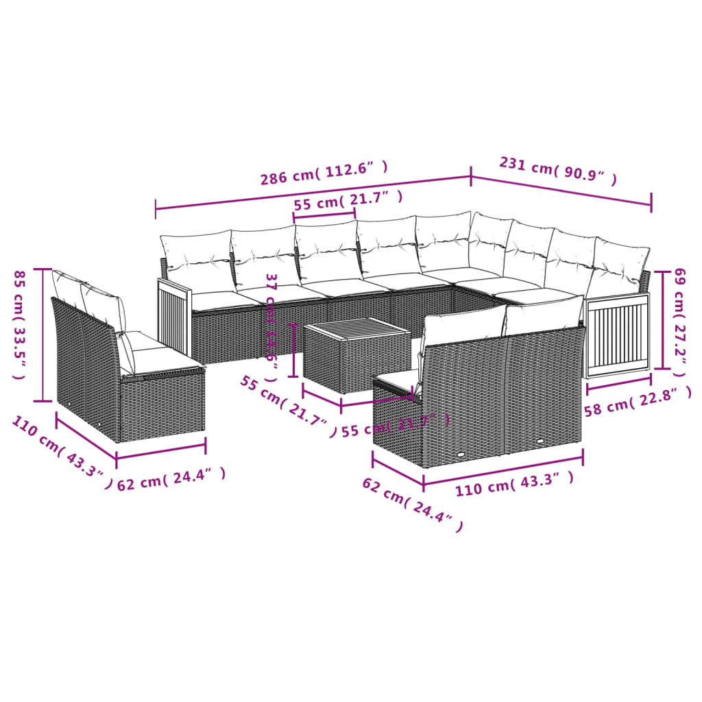 13 Piece Garden Sofa Set with Cushions Black Poly Rattan