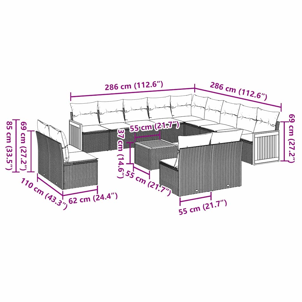 14 Piece Garden Sofa Set with Cushions Black Poly Rattan