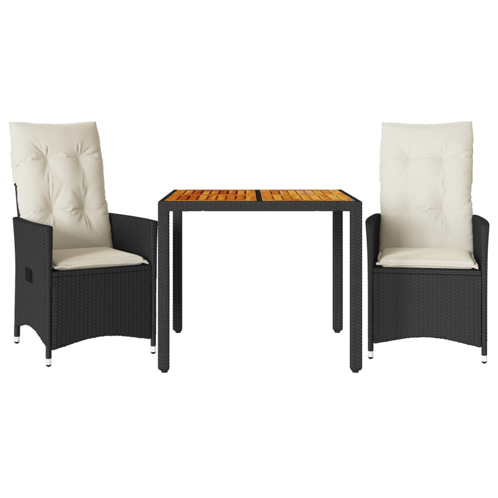 3 Piece Bistro Set with Cushions Black Poly Rattan and Acacia