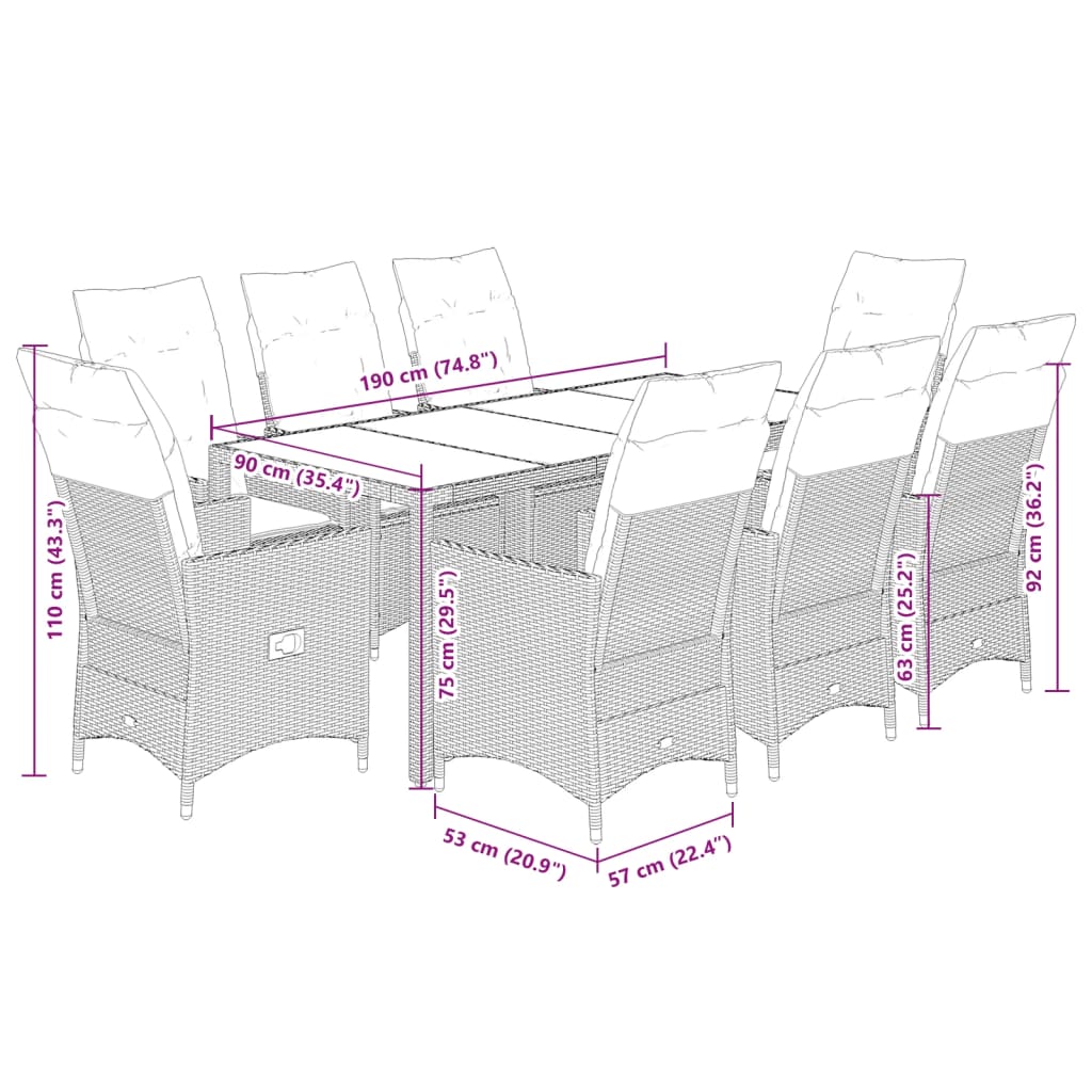 9 Piece Garden Dining Set with Cushions Black Poly Rattan