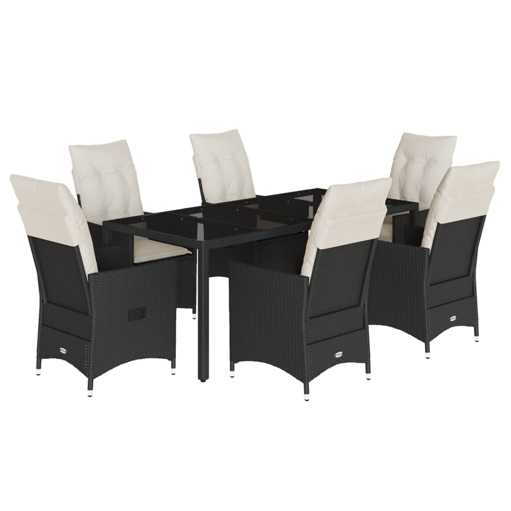 7 Piece Garden Dining Set with Cushions Black Poly Rattan