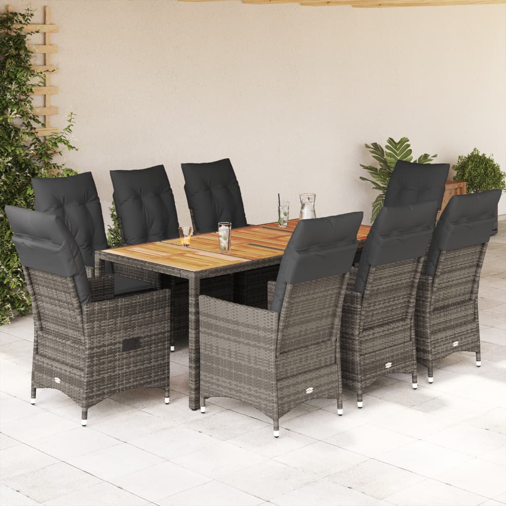 9 Piece Garden Dining Set with Cushions Grey Poly Rattan