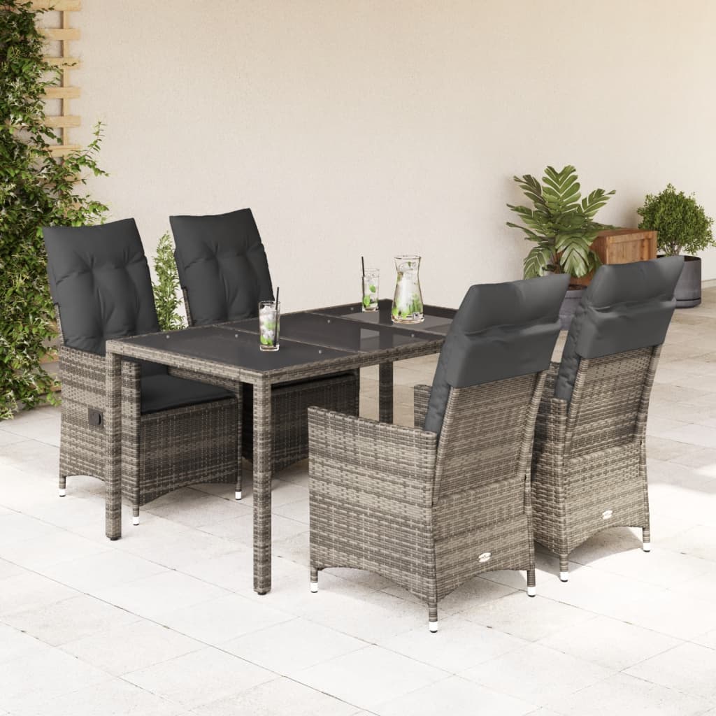 5 Piece Garden Dining Set with Cushions Grey Poly Rattan