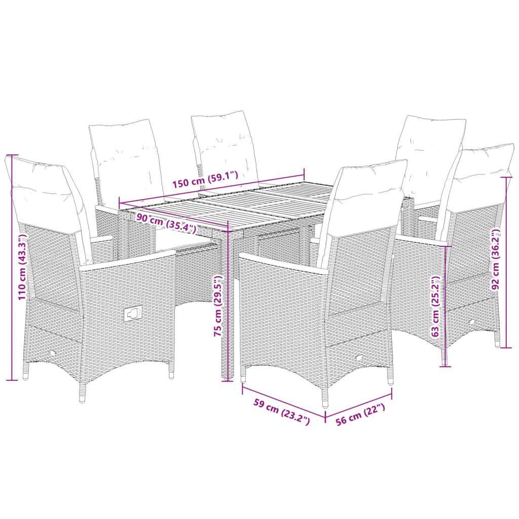 7 Piece Garden Dining Set with Cushions Black Poly Rattan