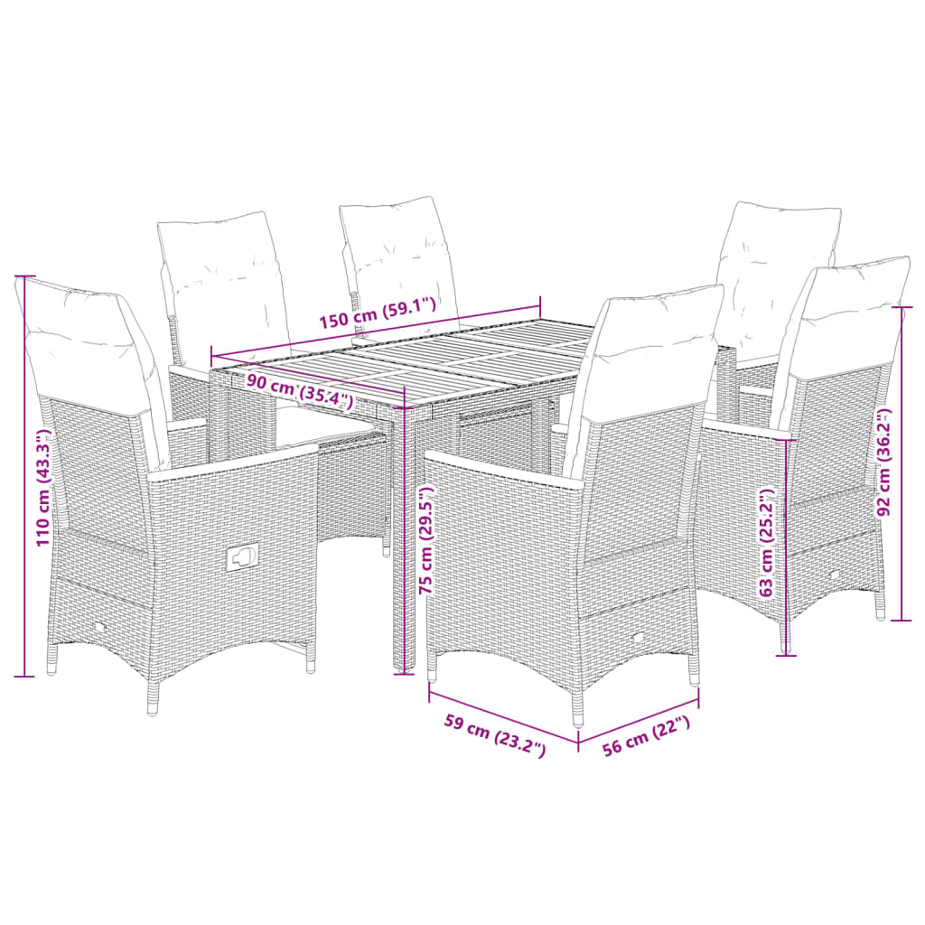 7 Piece Garden Dining Set with Cushions Black Poly Rattan