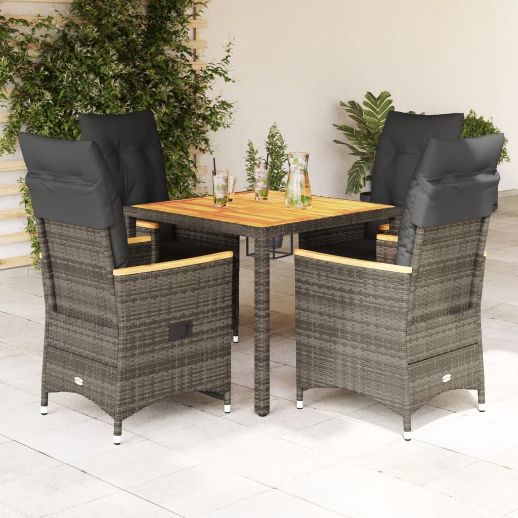 5 Piece Garden Dining Set with Cushions Grey Poly Rattan