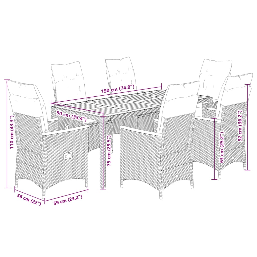 7 Piece Garden Dining Set with Cushions Grey Poly Rattan