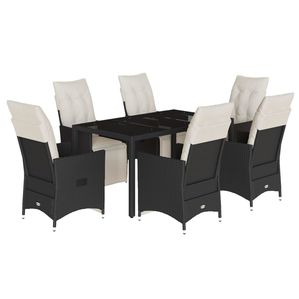 7 Piece Garden Dining Set with Cushions Black Poly Rattan