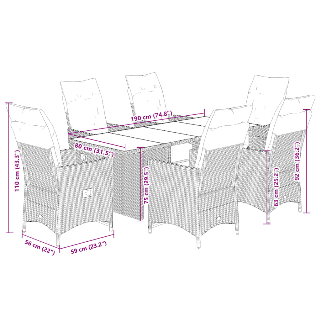 7 Piece Garden Dining Set with Cushions Black Poly Rattan
