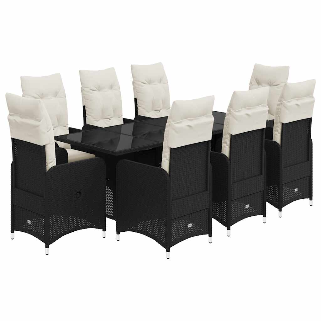 9 Piece Garden Bistro Set with Cushions Black Poly Rattan