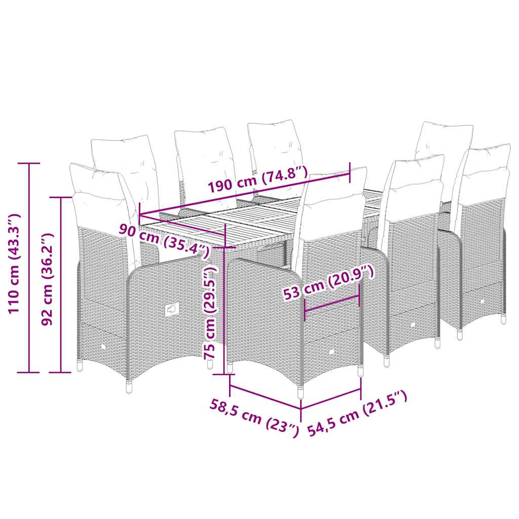 9 Piece Garden Bistro Set with Cushions Grey Poly Rattan