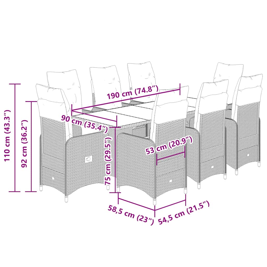 9 Piece Garden Bistro Set with Cushions Grey Poly Rattan