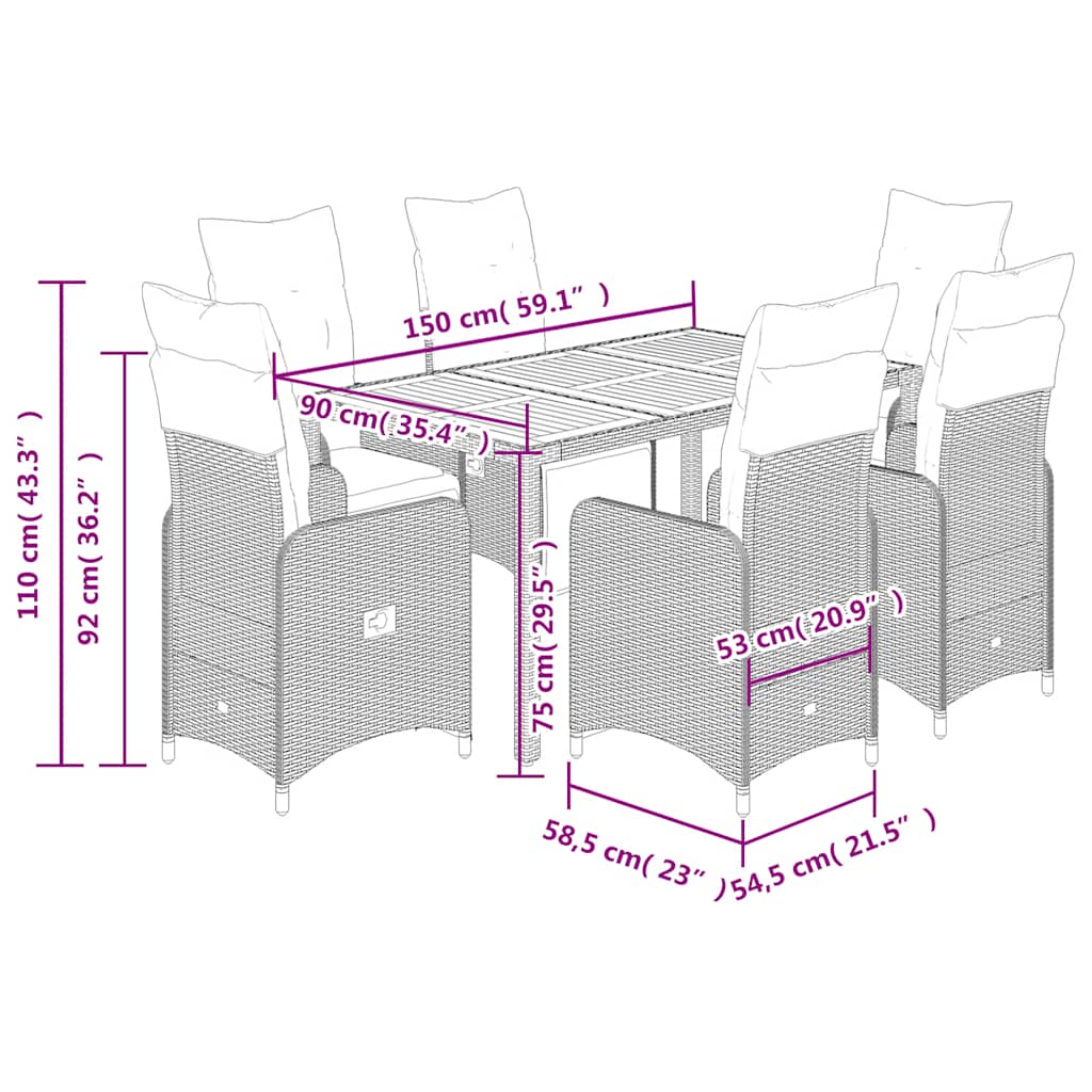 7 Piece Garden Bistro Set with Cushions Grey Poly Rattan