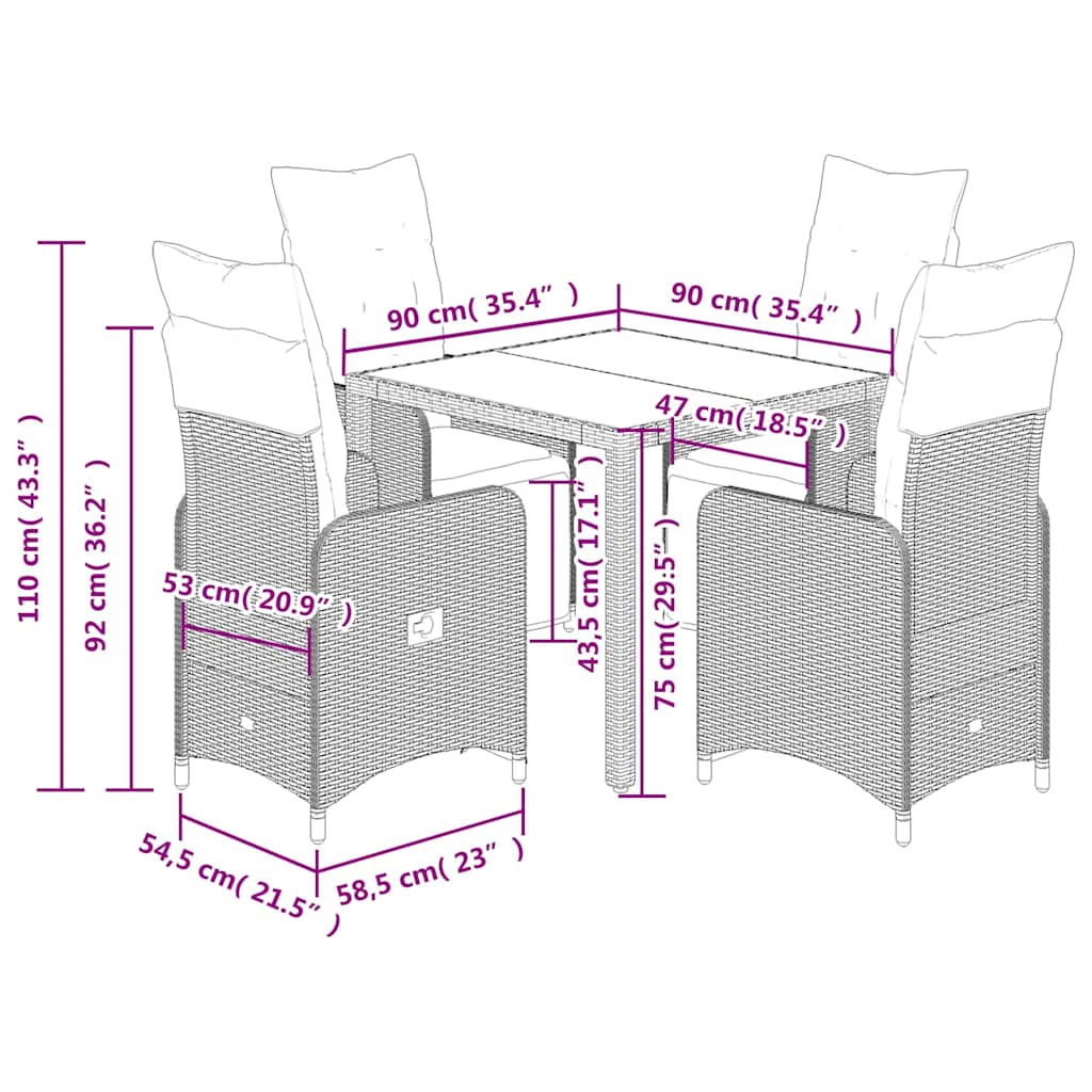5 Piece Garden Bistro Set with Cushions Grey Poly Rattan