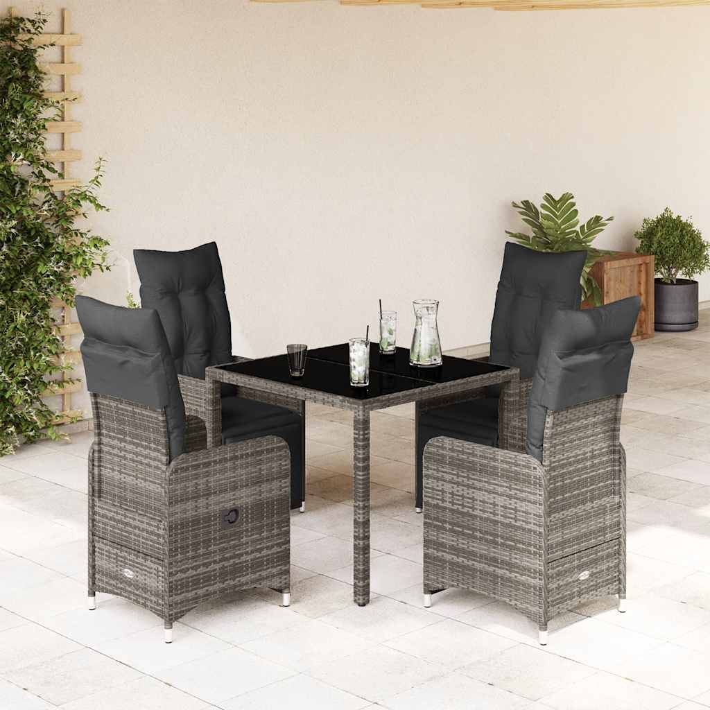 5 Piece Garden Bistro Set with Cushions Grey Poly Rattan