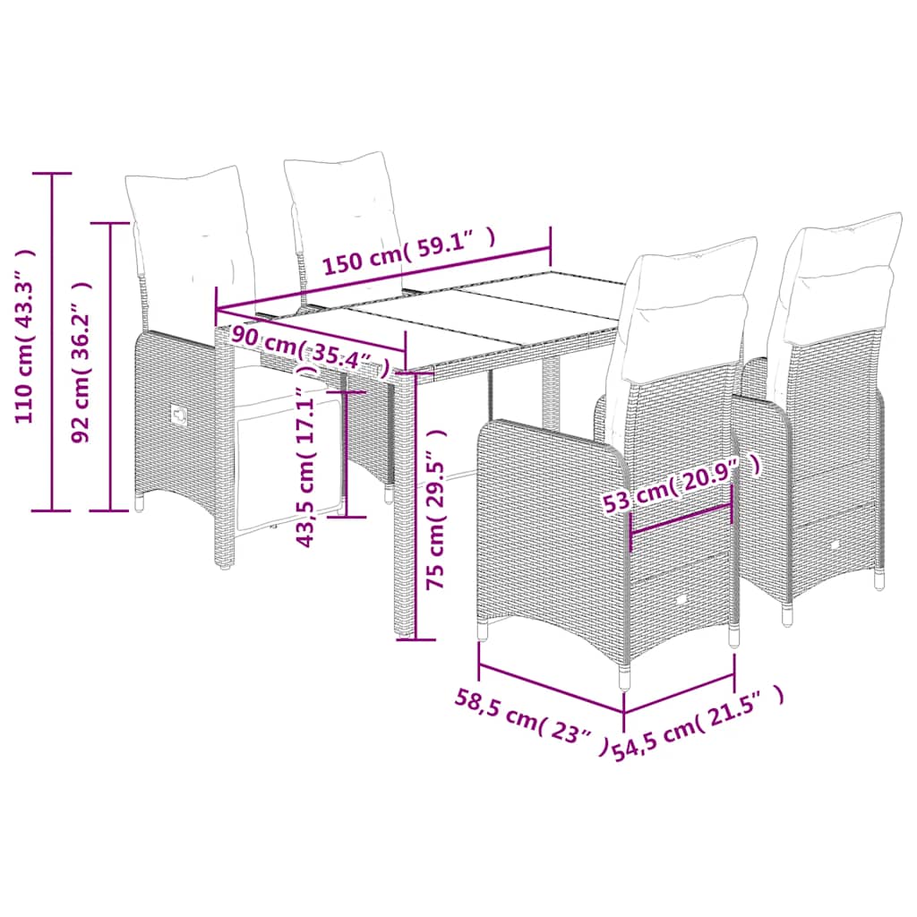 5 Piece Garden Bistro Set with Cushions Grey Poly Rattan