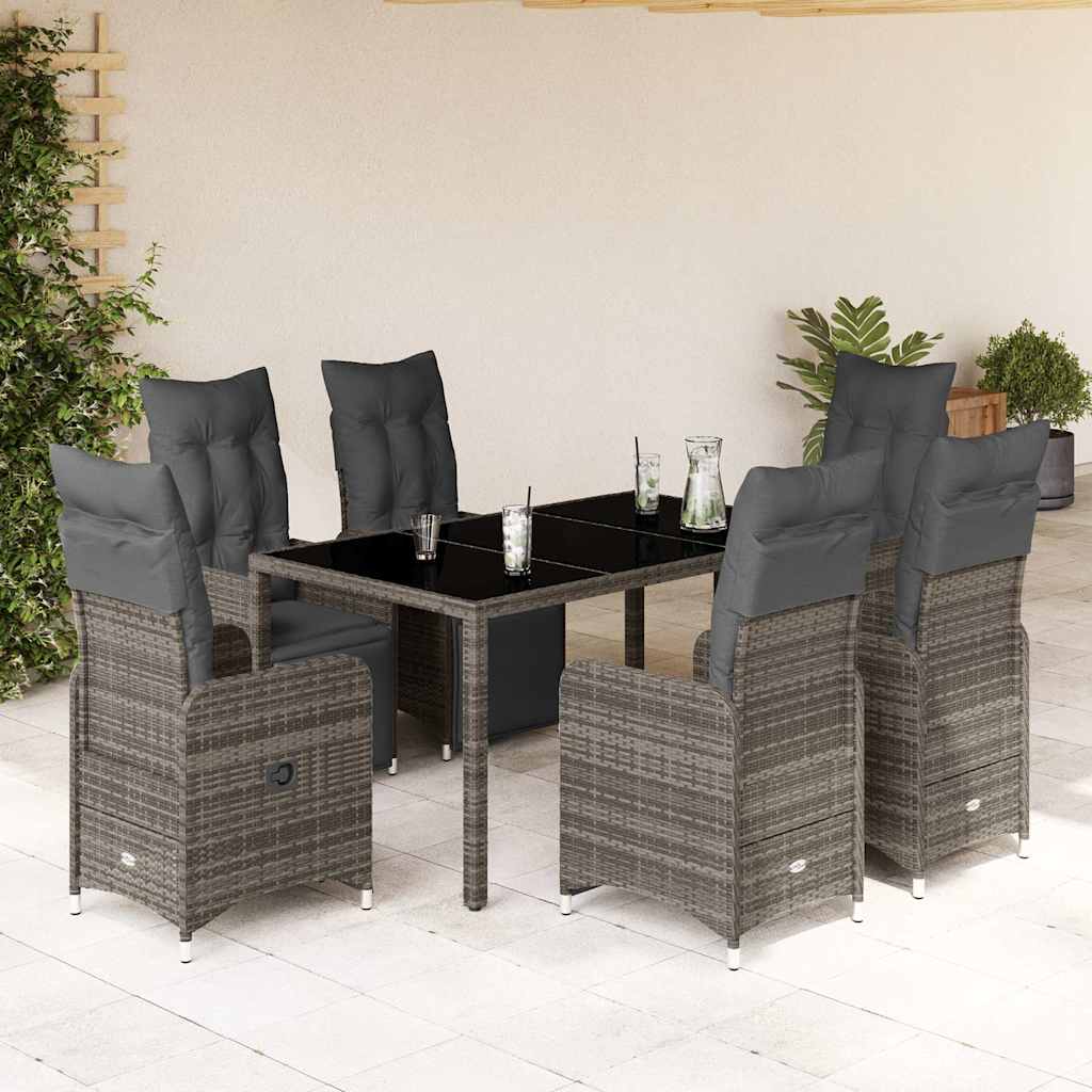 7 Piece Garden Bistro Set with Cushions Grey Poly Rattan