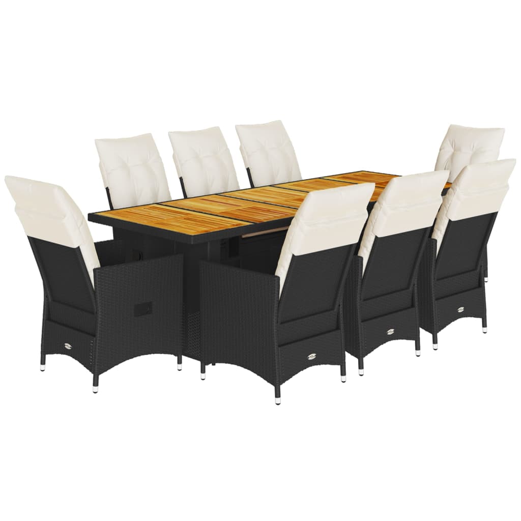 9 Piece Garden Bistro Set with Cushions Black Poly Rattan