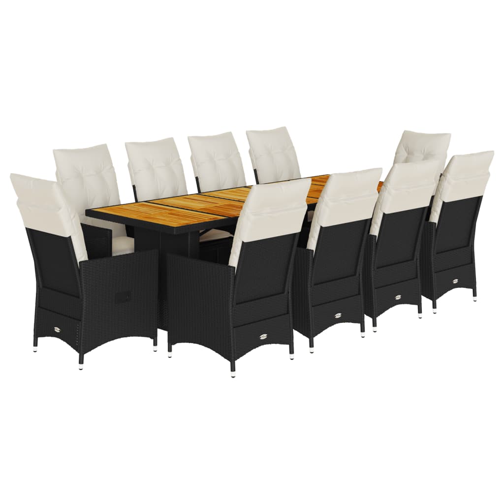 11 Piece Garden Bistro Set with Cushions Black Poly Rattan