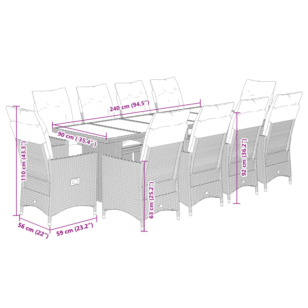 11 Piece Garden Bistro Set with Cushions Black Poly Rattan