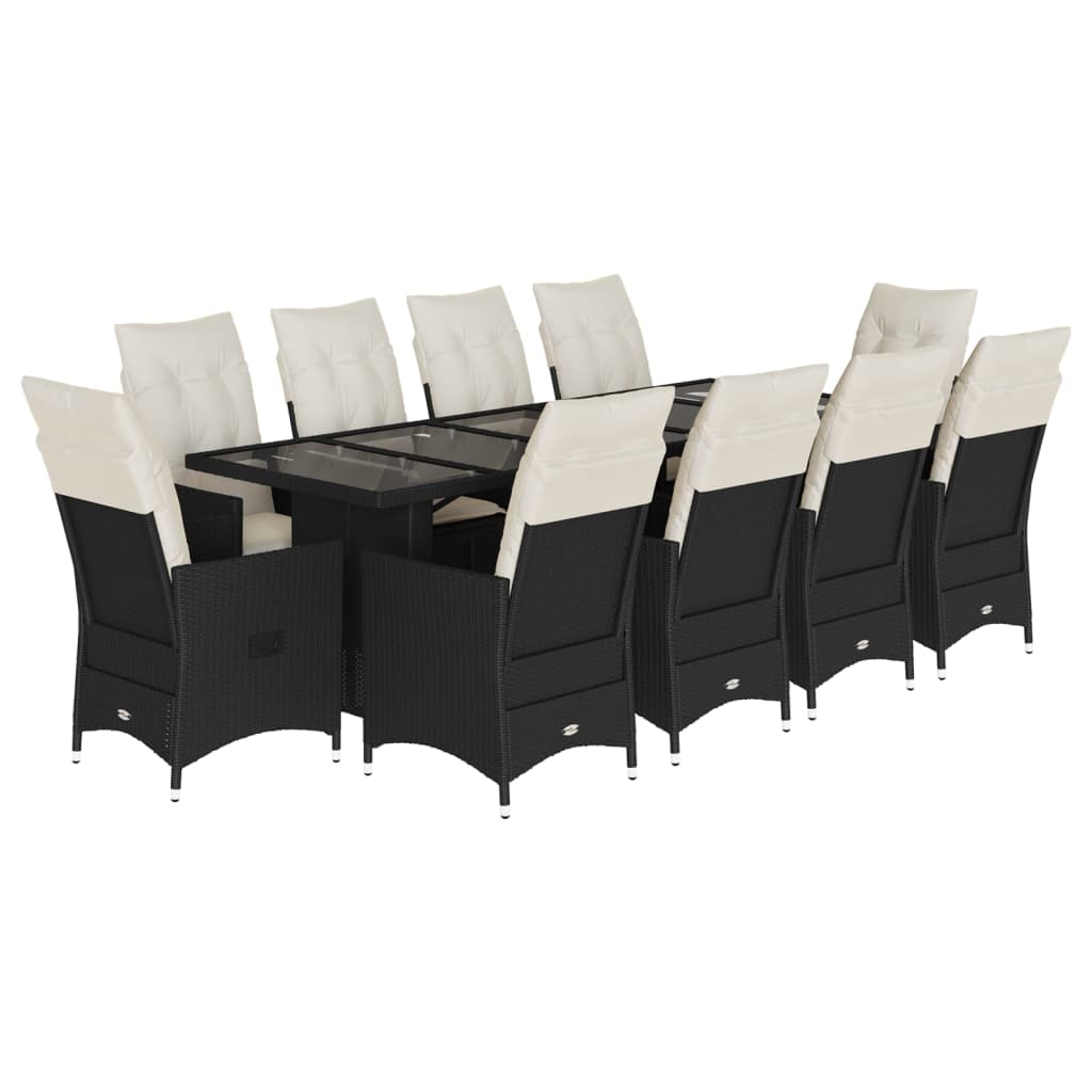 11 Piece Garden Bistro Set with Cushions Black Poly Rattan