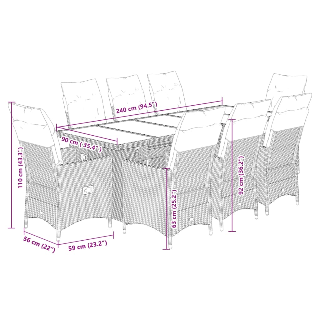 9 Piece Garden Bistro Set with Cushions Grey Poly Rattan