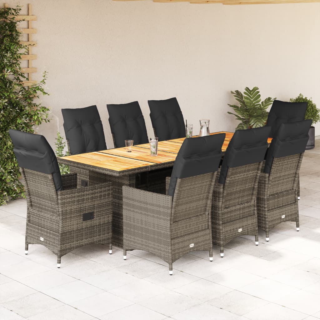 9 Piece Garden Bistro Set with Cushions Grey Poly Rattan