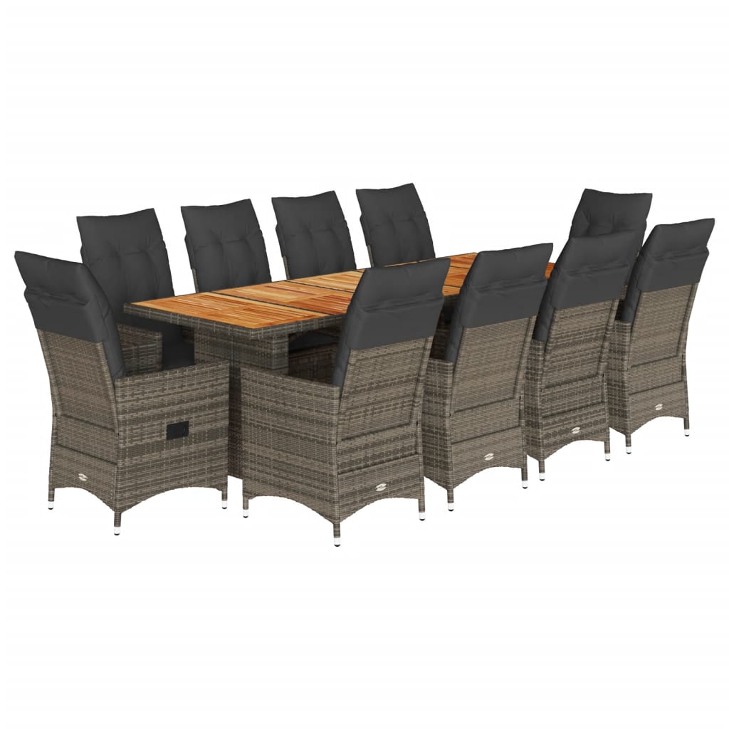 11 Piece Garden Bistro Set with Cushions Grey Poly Rattan