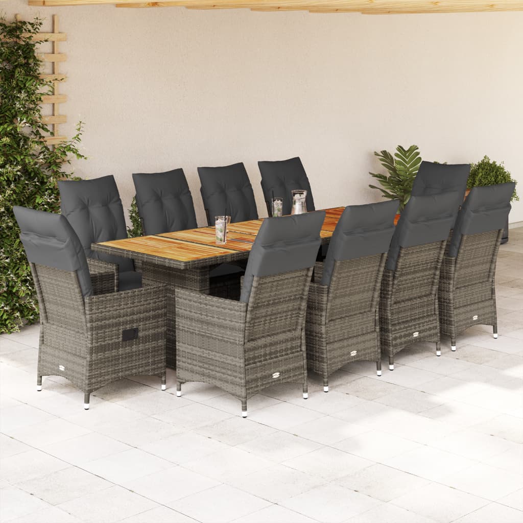 11 Piece Garden Bistro Set with Cushions Grey Poly Rattan