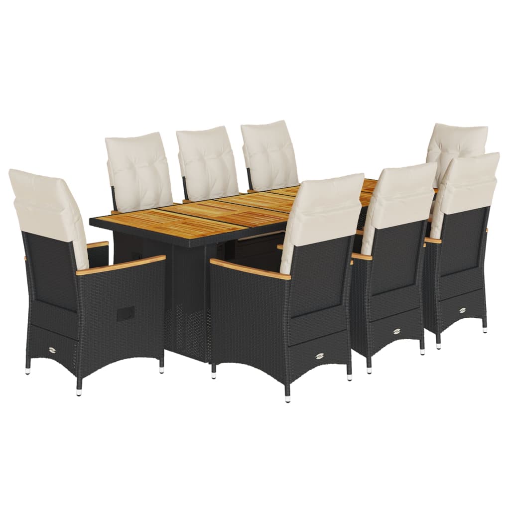 9 Piece Garden Bistro Set with Cushions Black Poly Rattan