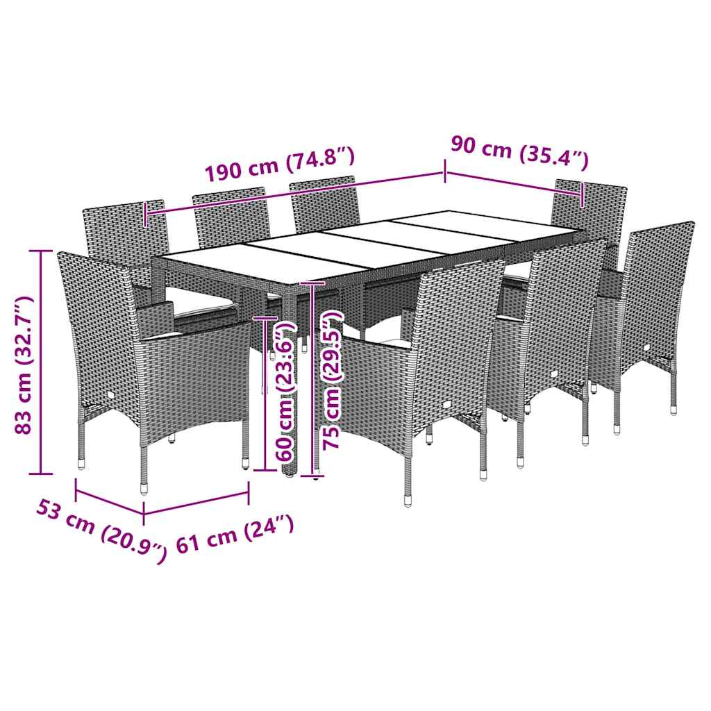 9 Piece Garden Dining Set with Cushions Light Grey Poly Rattan and Glass